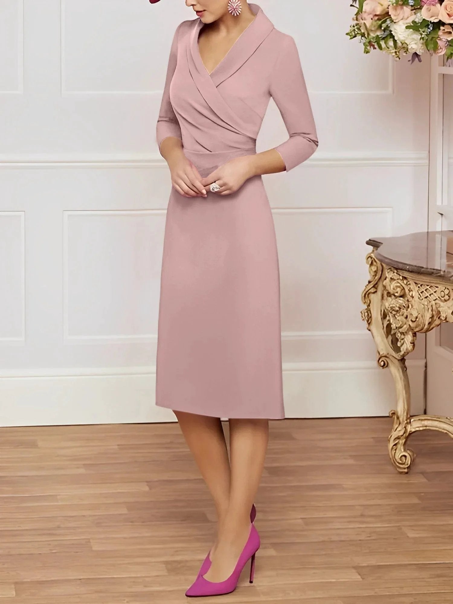 Sheath/Column V-Neck Knee-Length Mother of the Bride Dresses by Dreamylily
