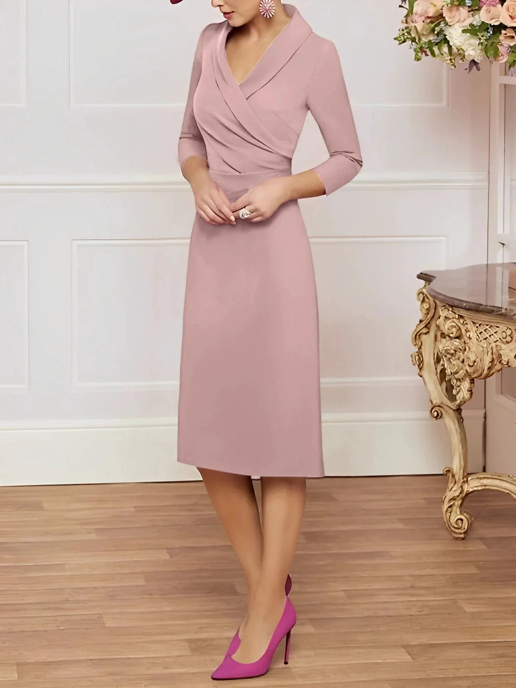 Sheath/Column V-Neck Knee-Length Mother of the Bride Dresses by Dreamylily