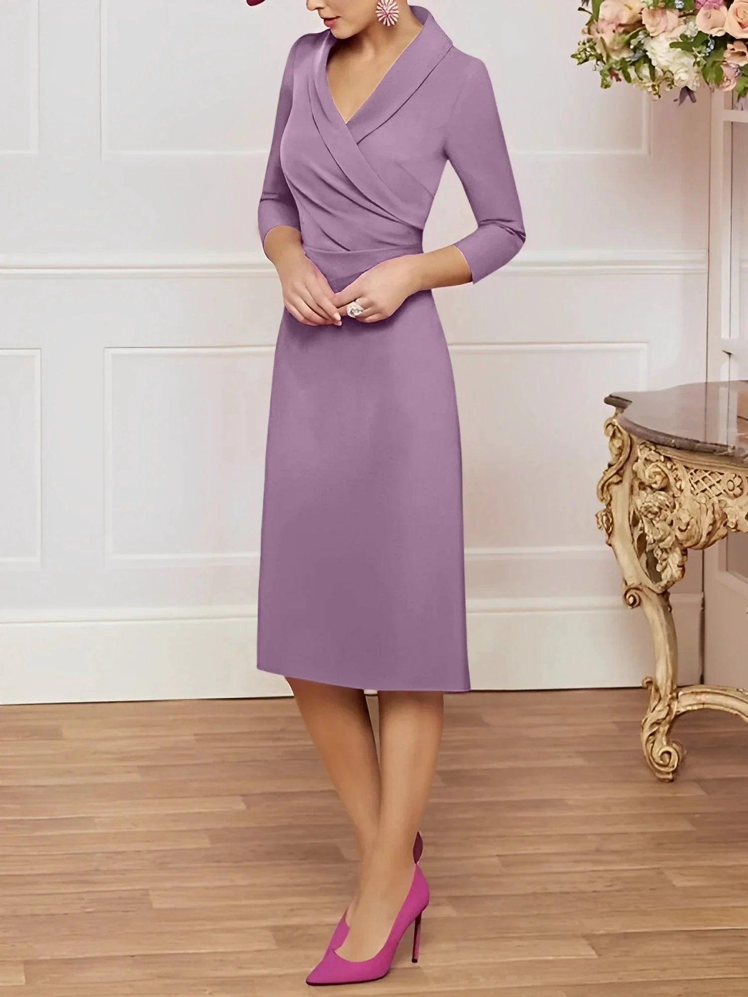 Sheath/Column V-Neck Knee-Length Mother of the Bride Dresses by Dreamylily