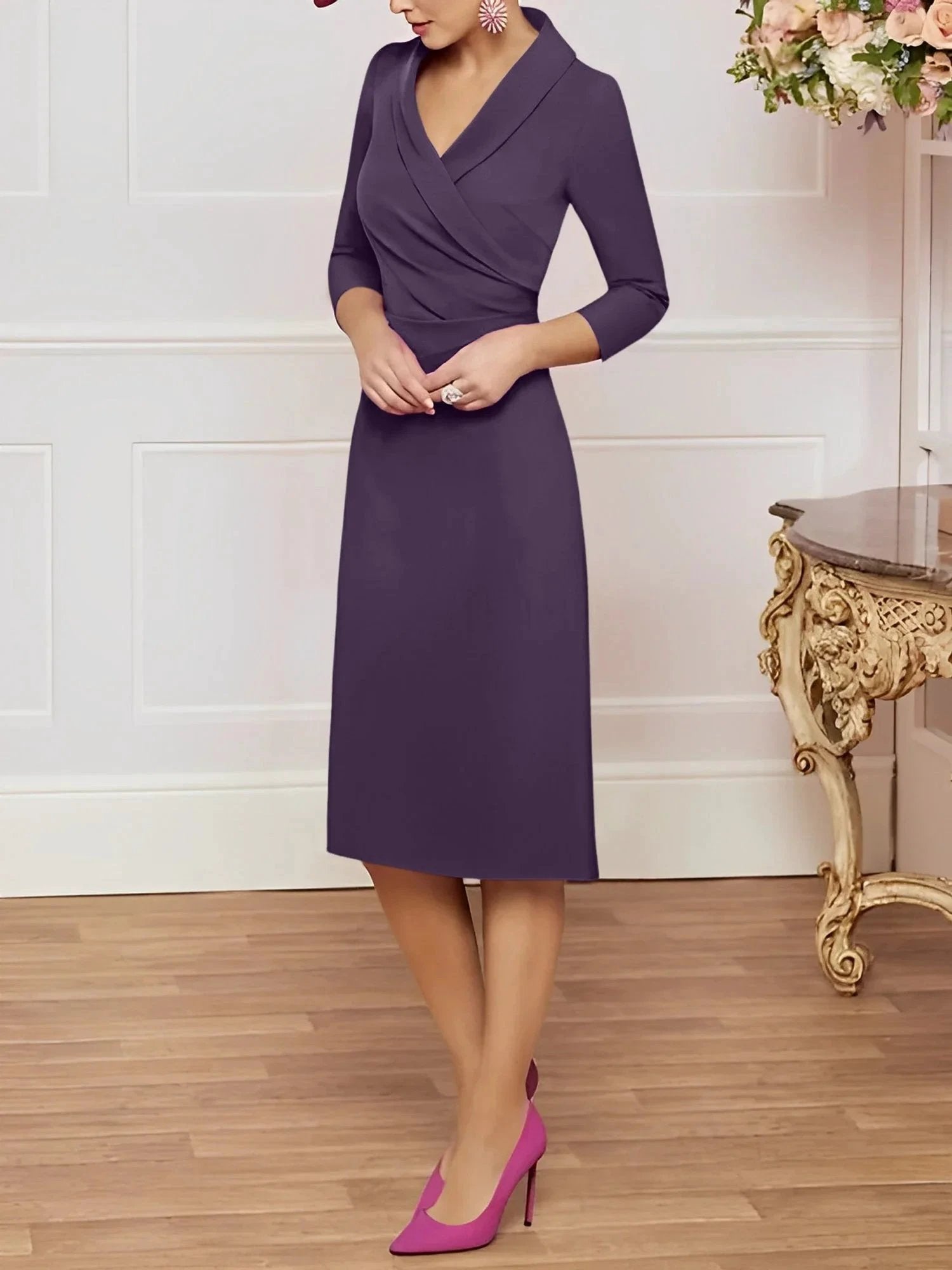 Sheath/Column V-Neck Knee-Length Mother of the Bride Dresses by Dreamylily