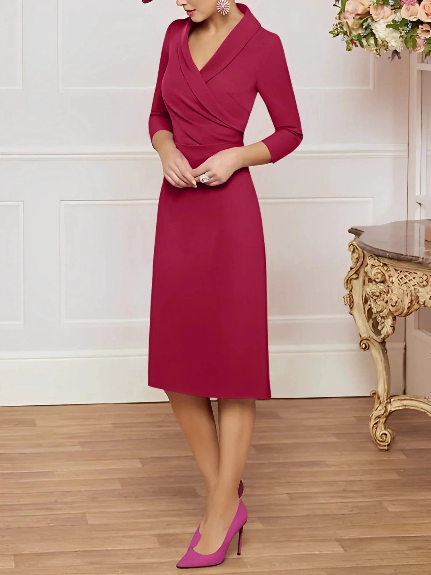 Sheath/Column V-Neck Knee-Length Mother of the Bride Dresses by Dreamylily