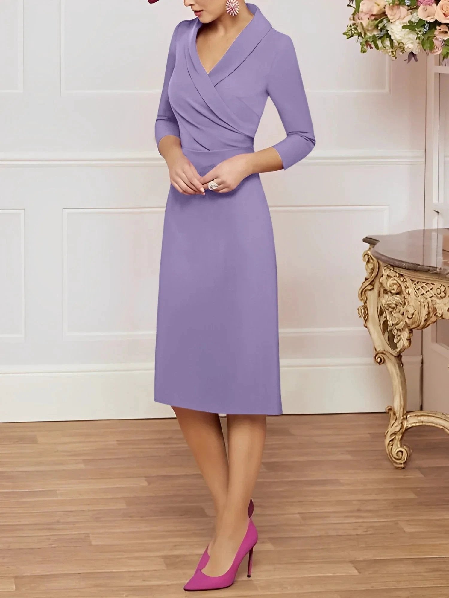 Sheath/Column V-Neck Knee-Length Mother of the Bride Dresses by Dreamylily