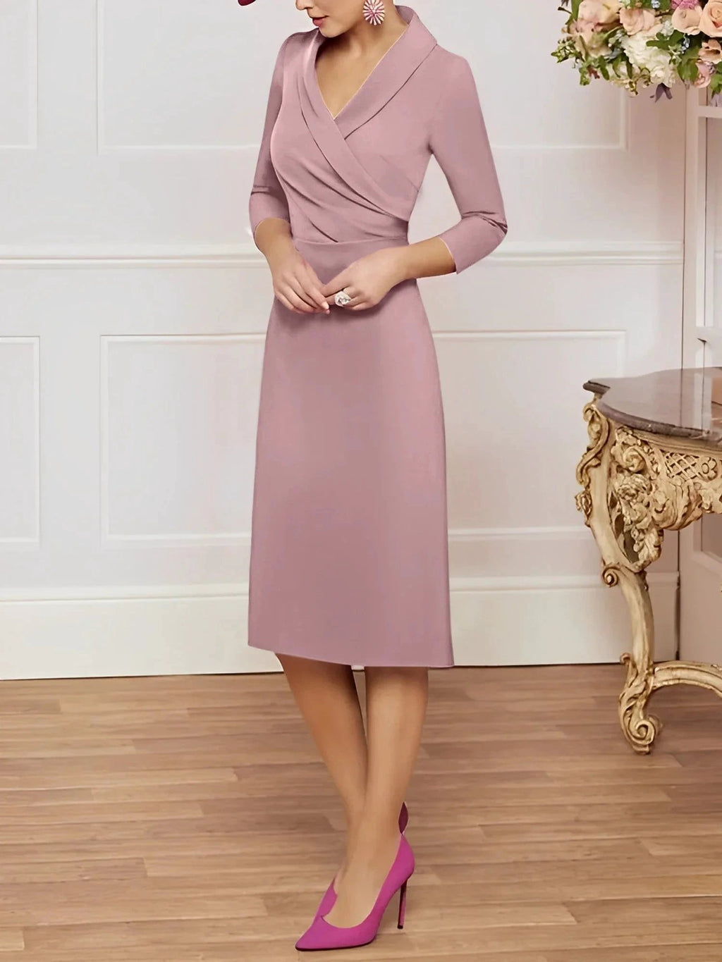 Sheath/Column V-Neck Knee-Length Mother of the Bride Dresses by Dreamylily