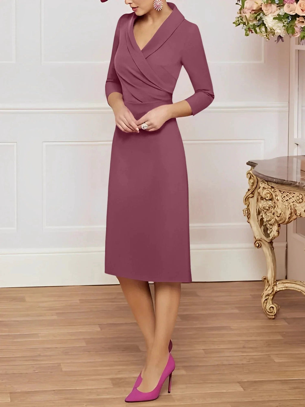 Sheath/Column V-Neck Knee-Length Mother of the Bride Dresses by Dreamylily