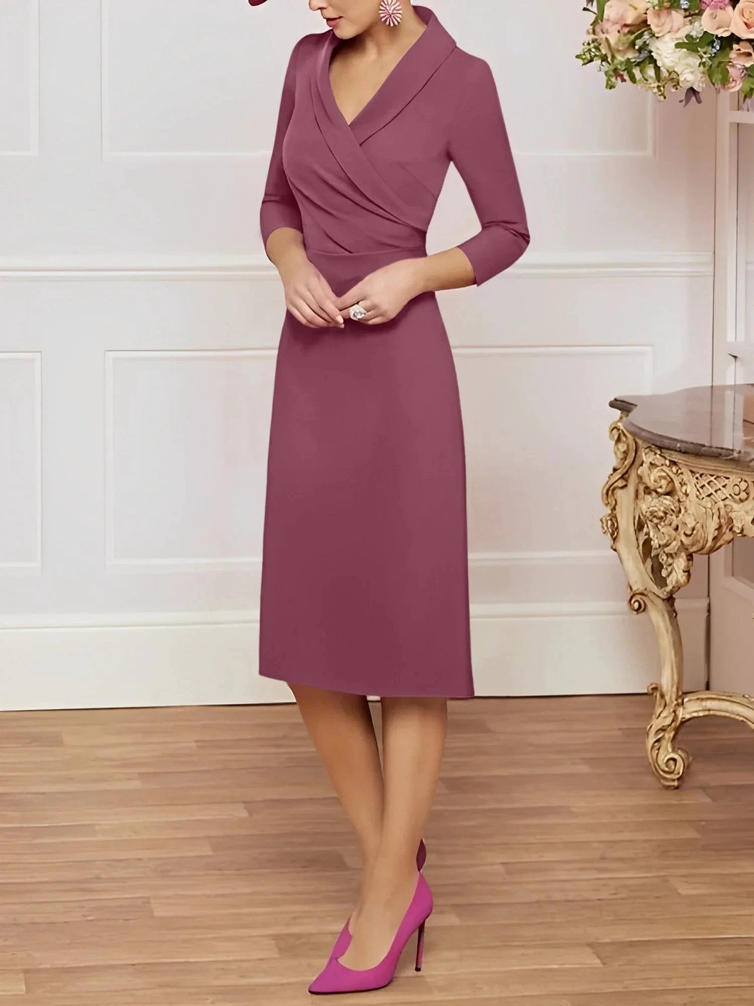Sheath/Column V-Neck Knee-Length Mother of the Bride Dresses by Dreamylily