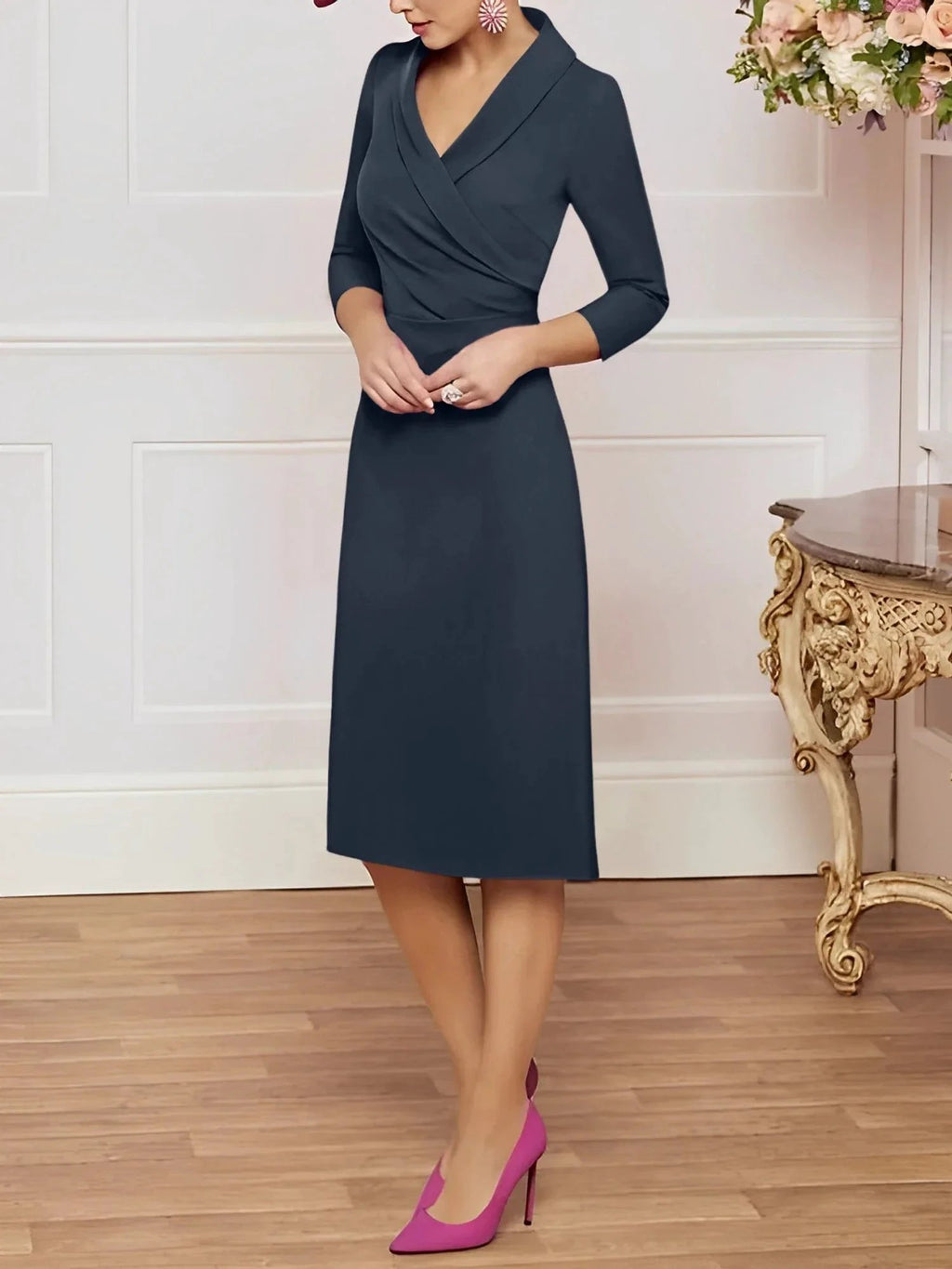 Sheath/Column V-Neck Knee-Length Mother of the Bride Dresses by Dreamylily