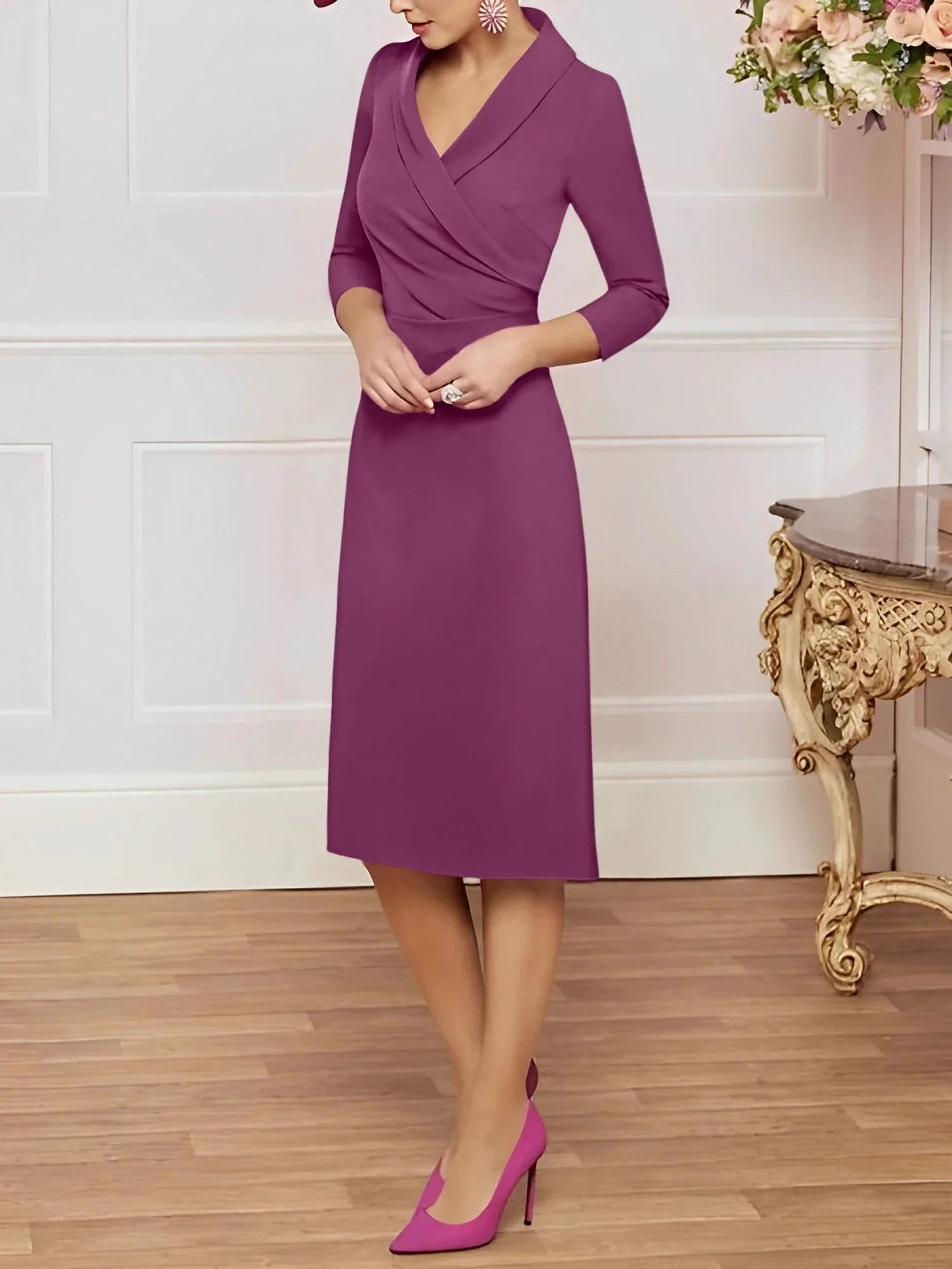 Sheath/Column V-Neck Knee-Length Mother of the Bride Dresses by Dreamylily