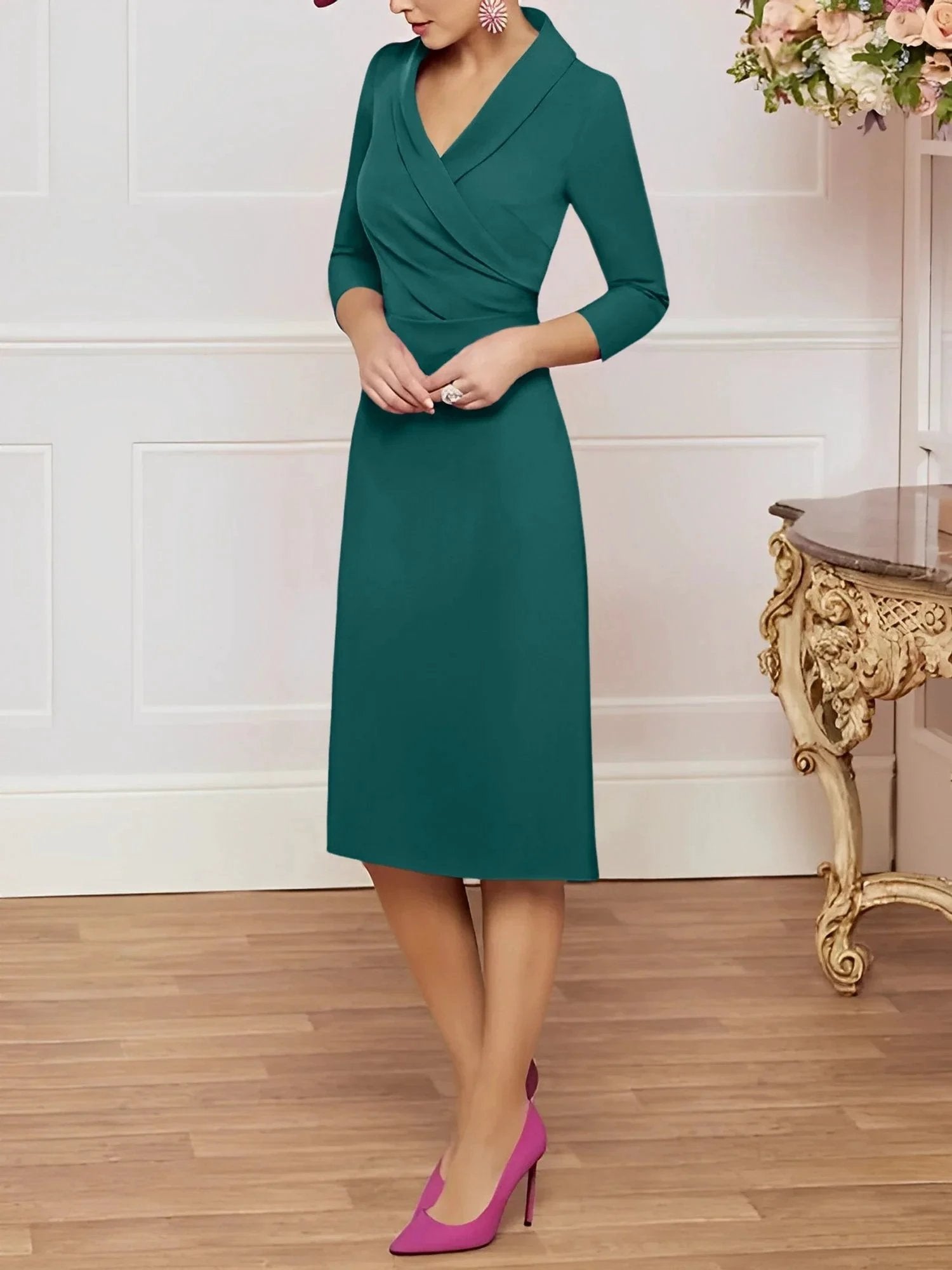 Sheath/Column V-Neck Knee-Length Mother of the Bride Dresses by Dreamylily