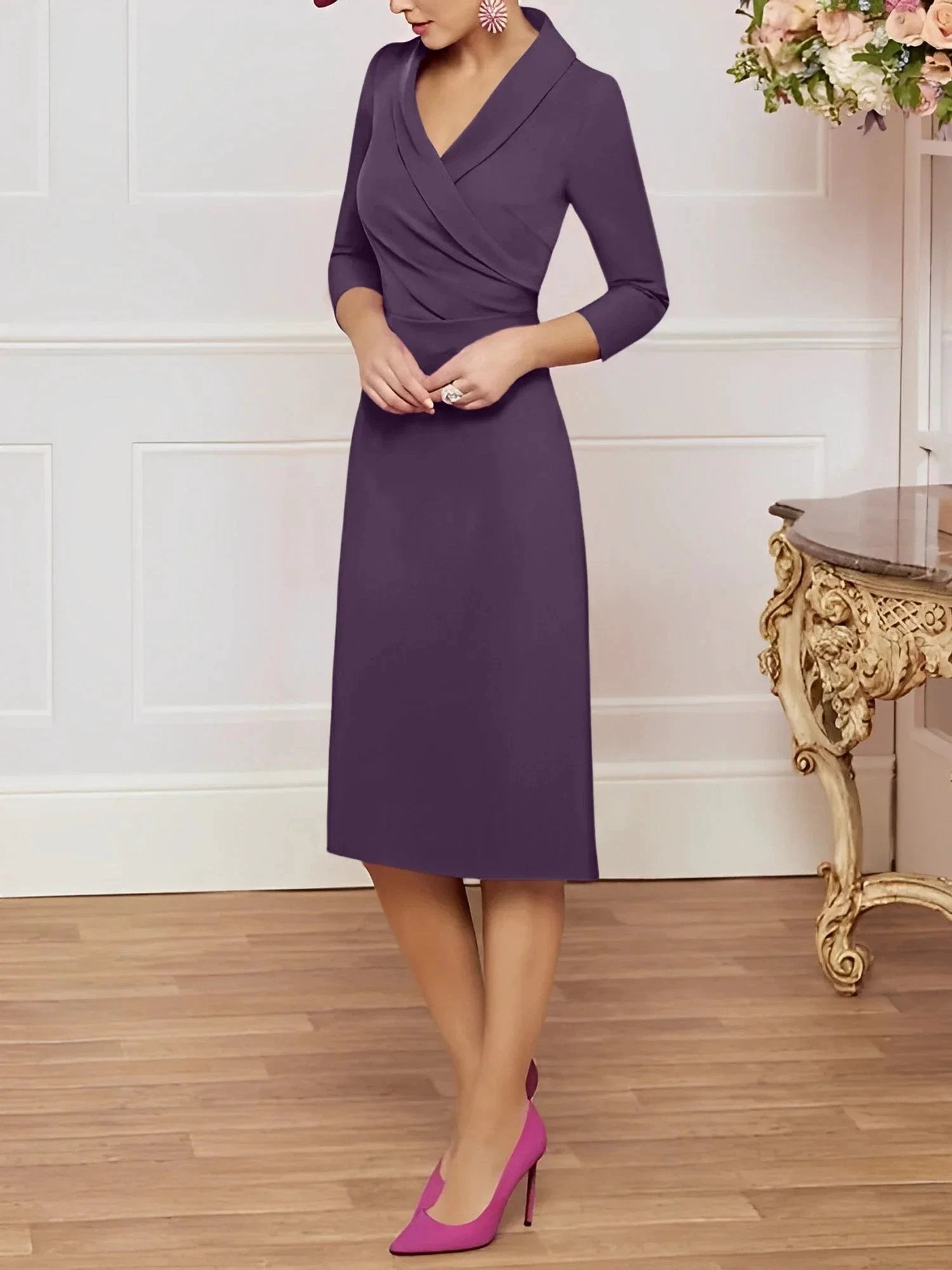 Sheath/Column V-Neck Knee-Length Mother of the Bride Dresses by Dreamylily