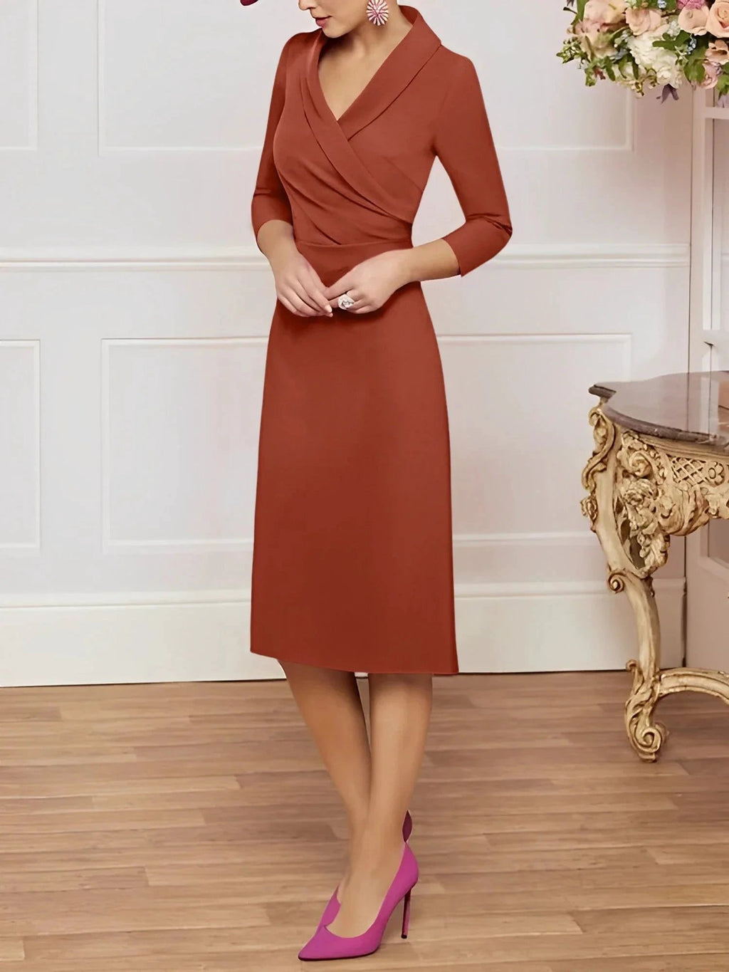 Sheath/Column V-Neck Knee-Length Mother of the Bride Dresses by Dreamylily