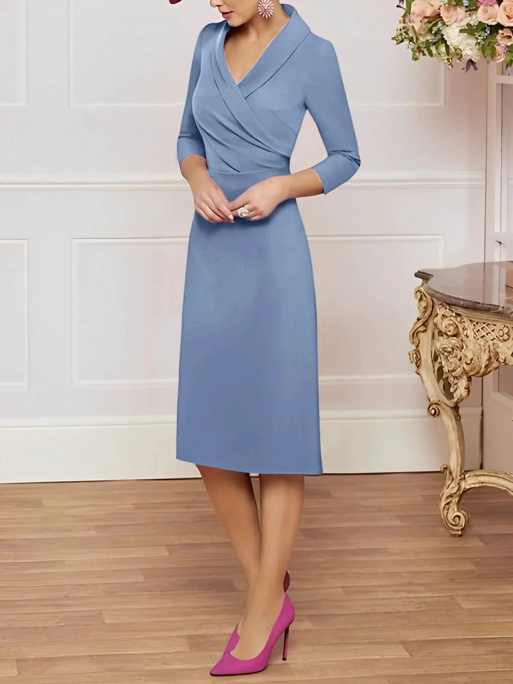 Sheath/Column V-Neck Knee-Length Mother of the Bride Dresses by Dreamylily