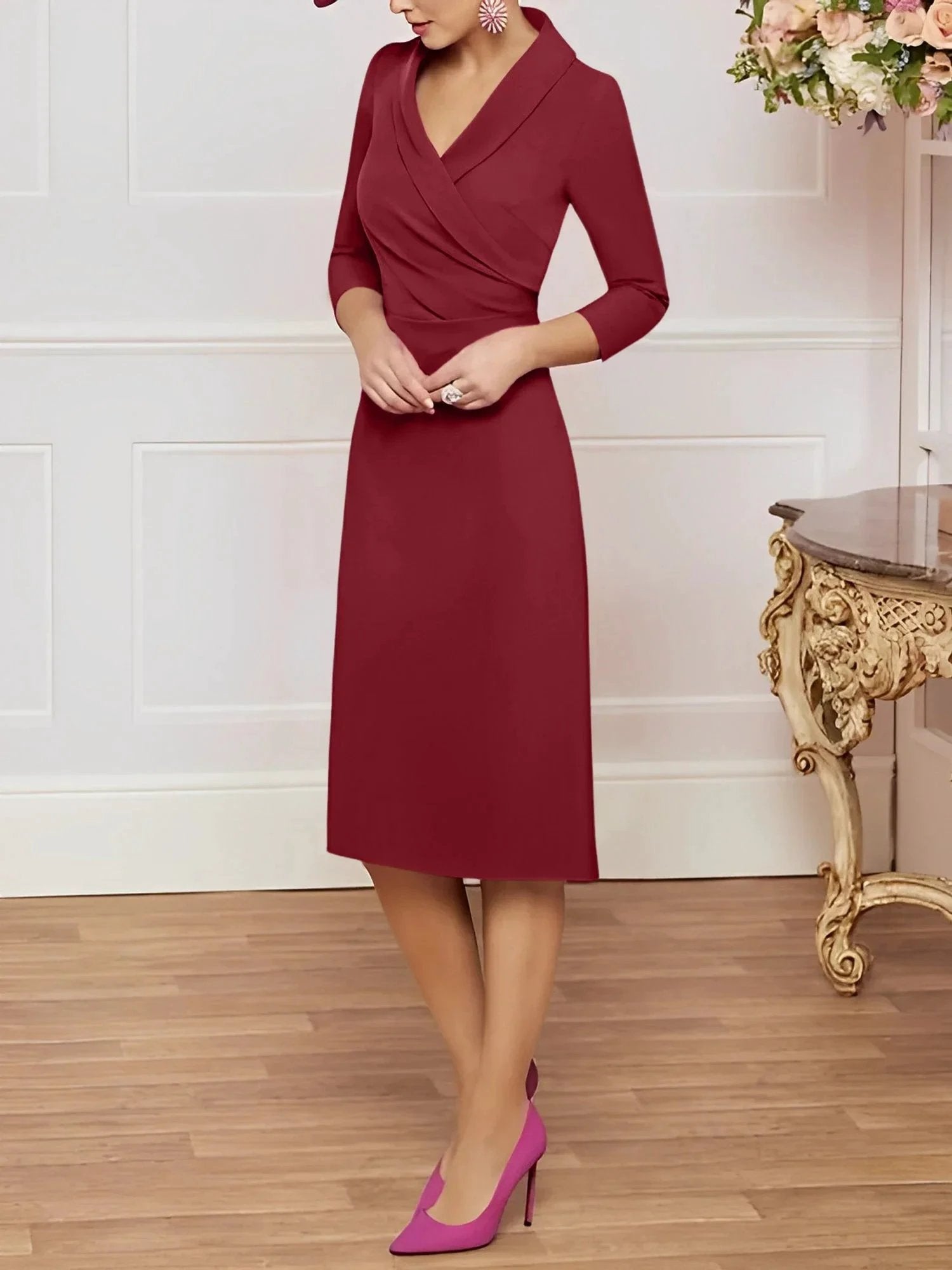 Sheath/Column V-Neck Knee-Length Mother of the Bride Dresses by Dreamylily