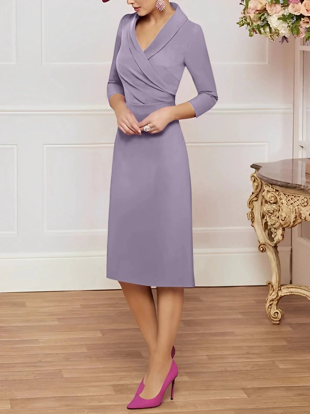 Sheath/Column V-Neck Knee-Length Mother of the Bride Dresses by Dreamylily