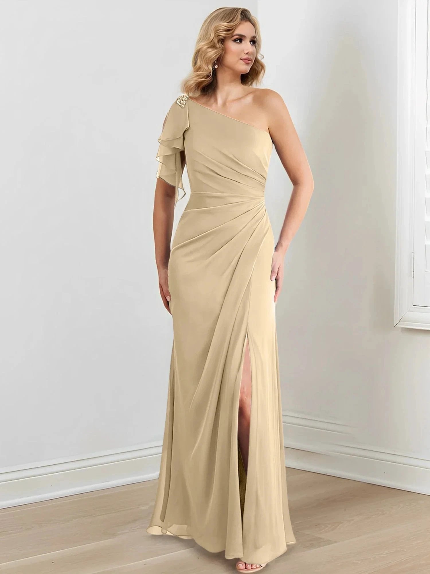 Sheath/Column One-Shoulder Floor-Length Mother of the Bride Dresses by Dreamylily