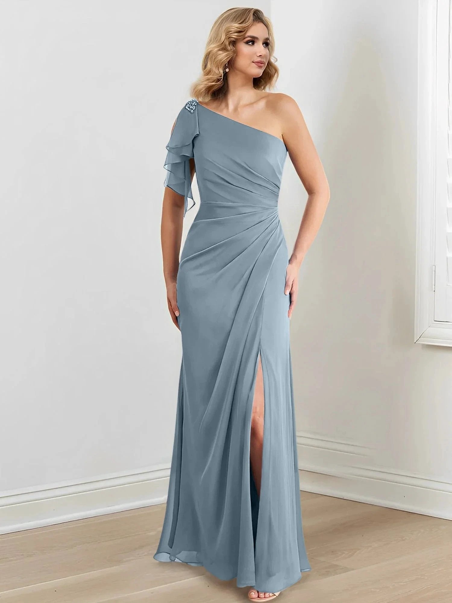 Sheath/Column One-Shoulder Floor-Length Mother of the Bride Dresses by Dreamylily