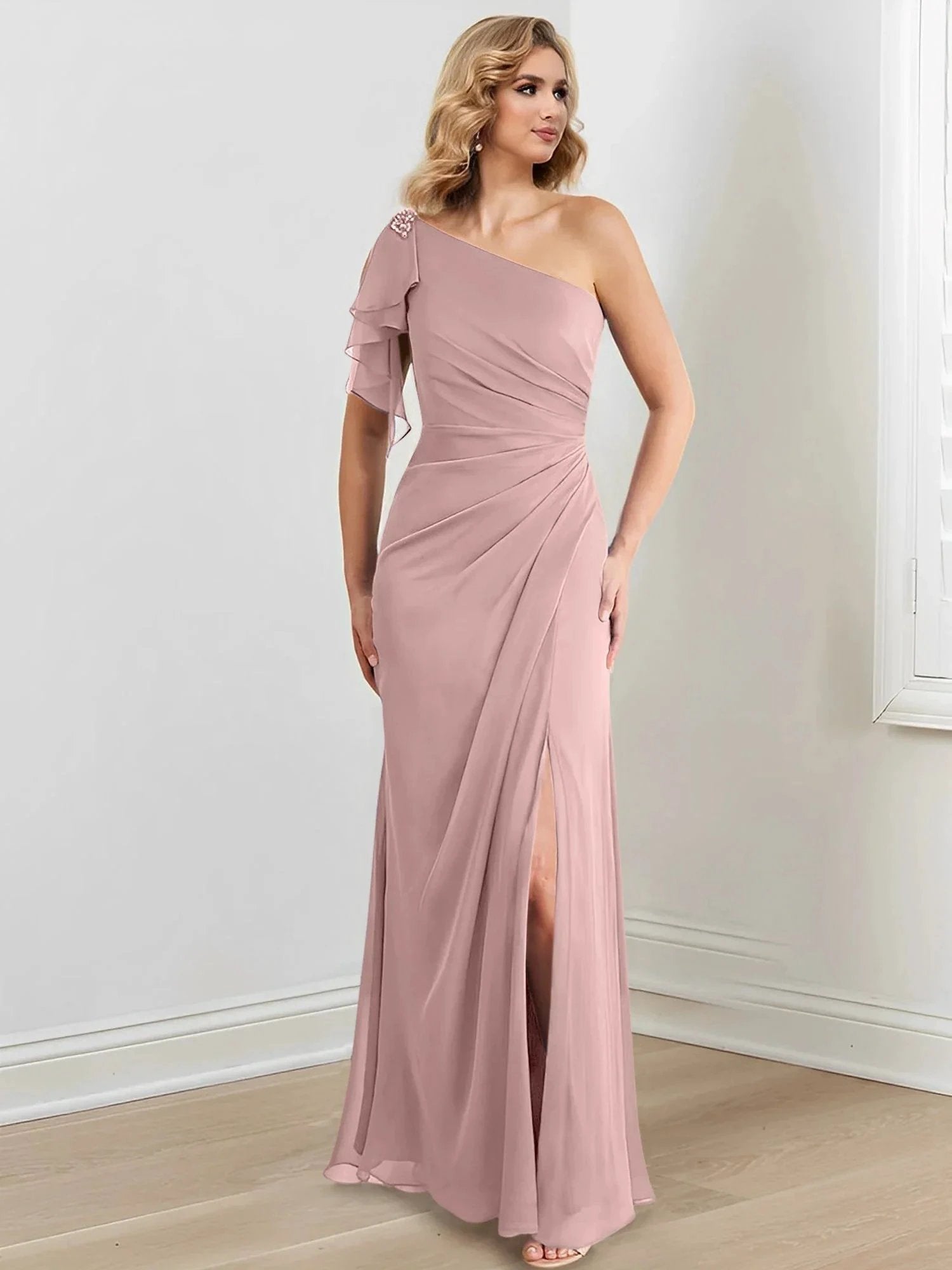 Sheath/Column One-Shoulder Floor-Length Mother of the Bride Dresses by Dreamylily