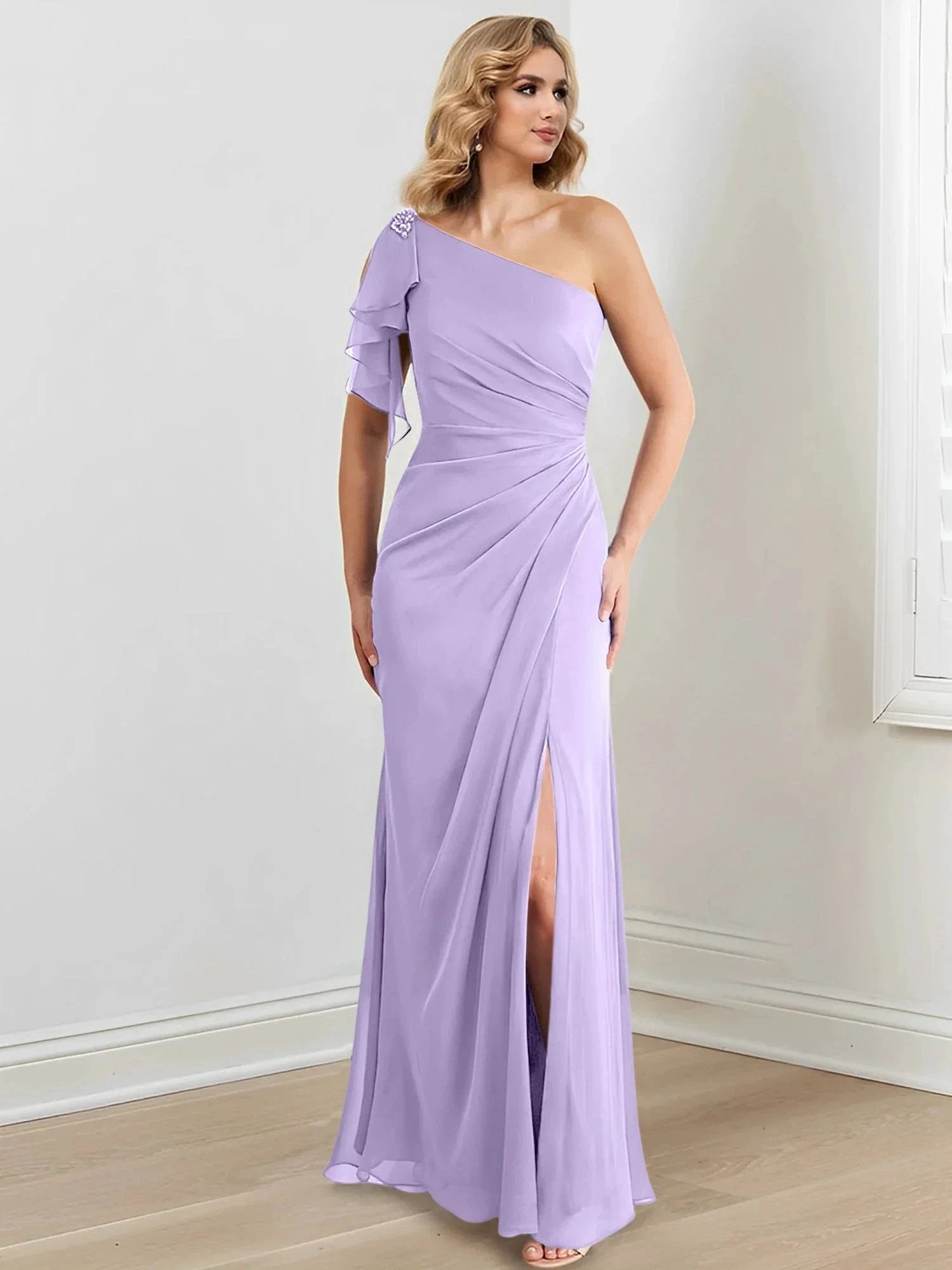 Sheath/Column One-Shoulder Floor-Length Mother of the Bride Dresses by Dreamylily