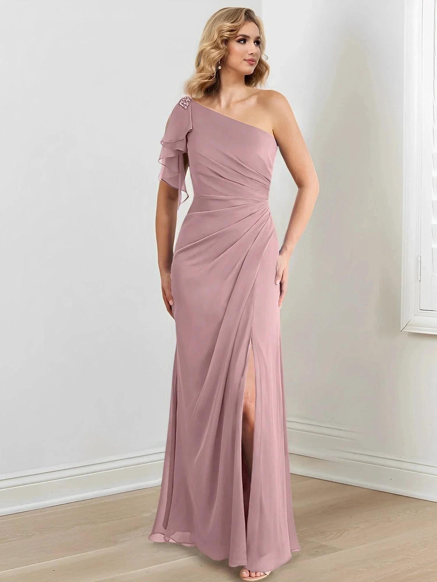 Sheath/Column One-Shoulder Floor-Length Mother of the Bride Dresses by Dreamylily