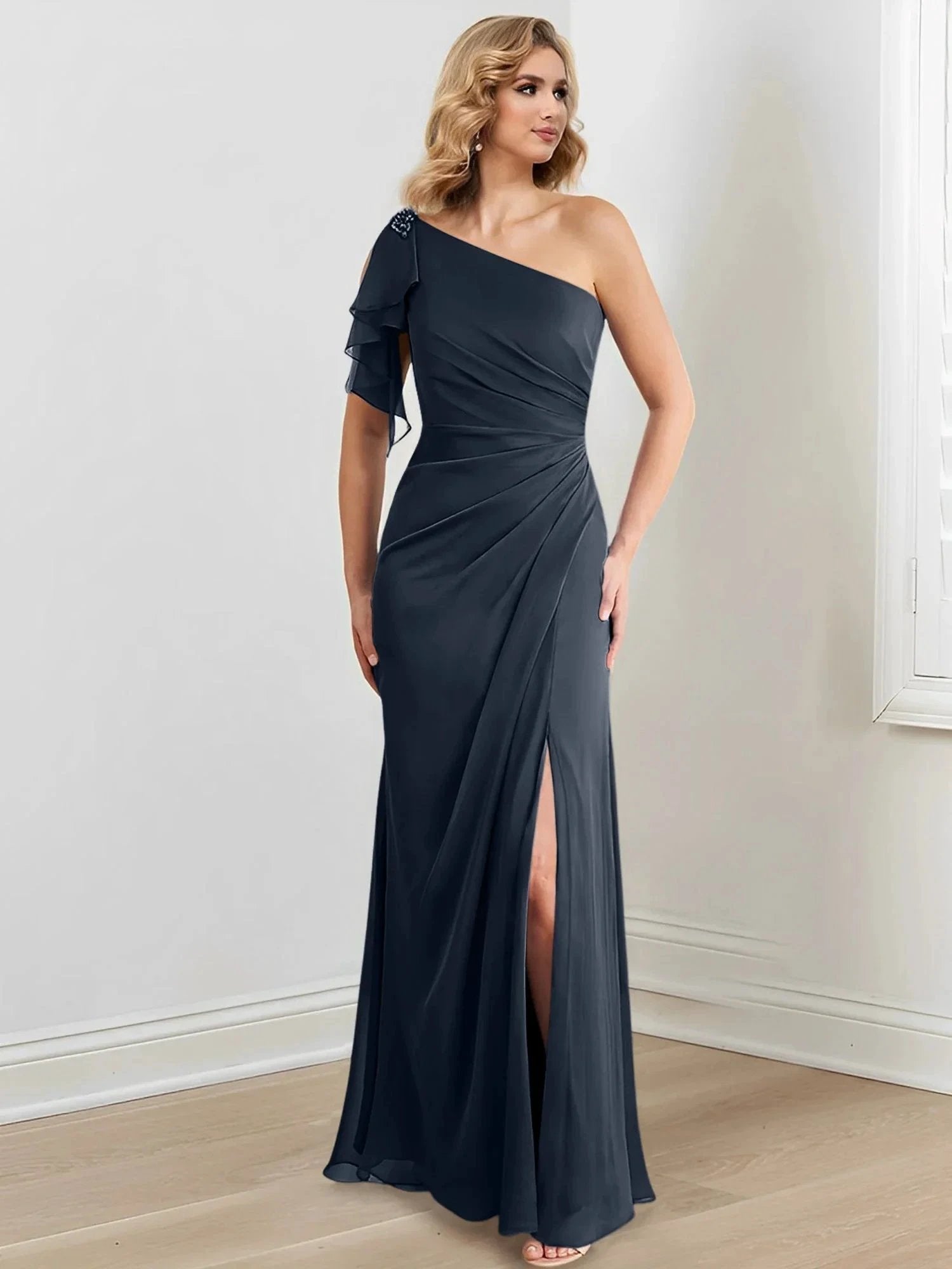Sheath/Column One-Shoulder Floor-Length Mother of the Bride Dresses by Dreamylily