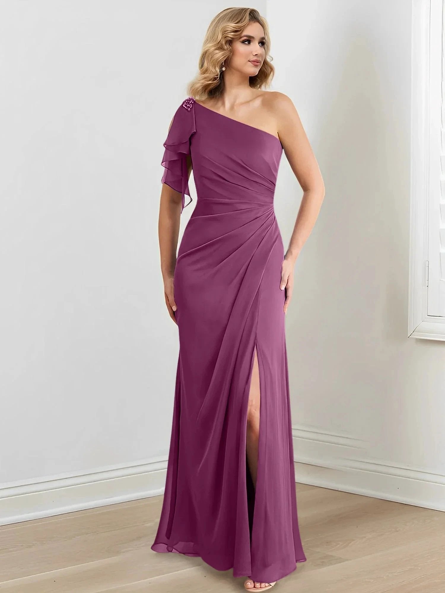 Sheath/Column One-Shoulder Floor-Length Mother of the Bride Dresses by Dreamylily