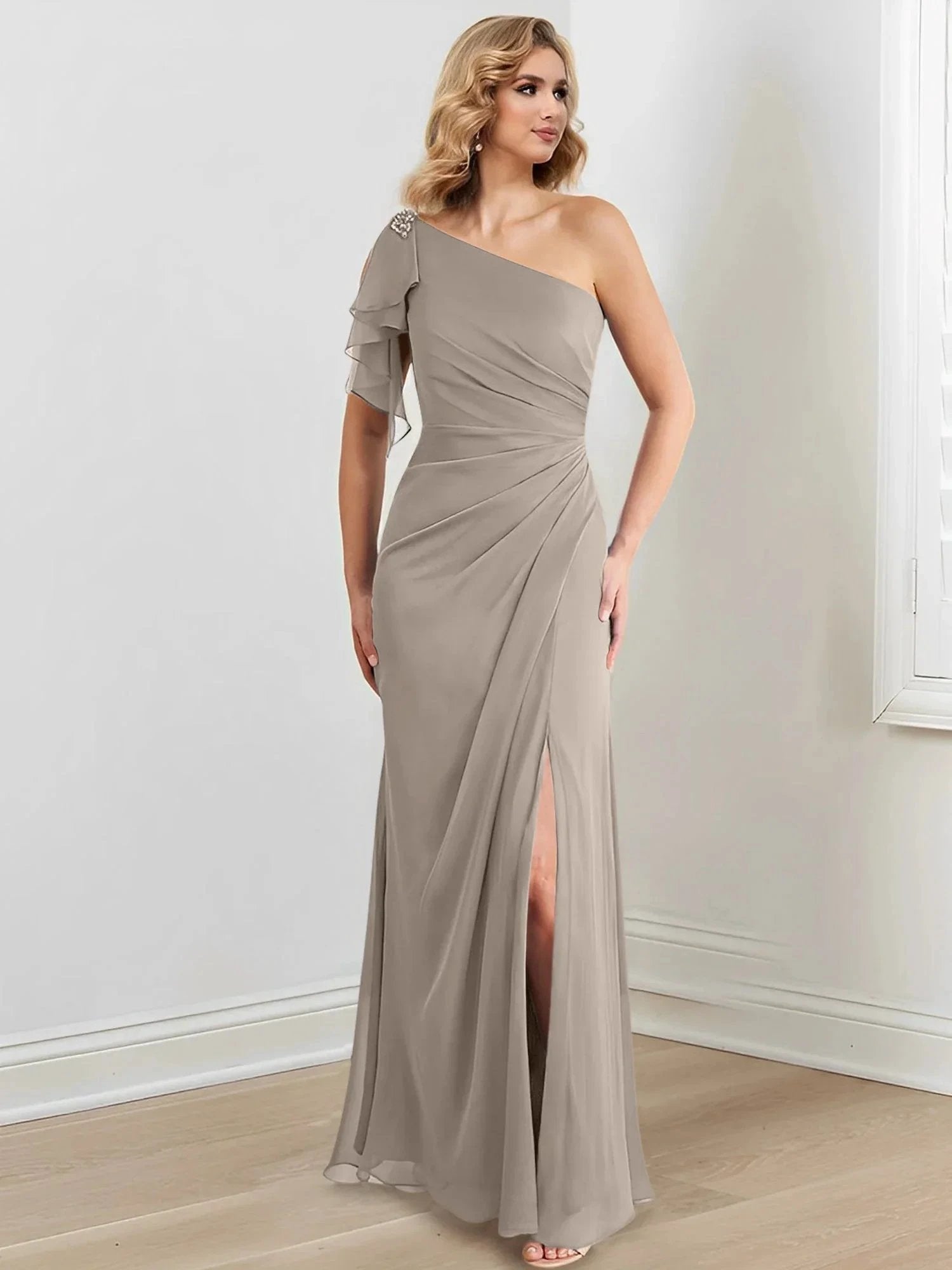 Sheath/Column One-Shoulder Floor-Length Mother of the Bride Dresses by Dreamylily
