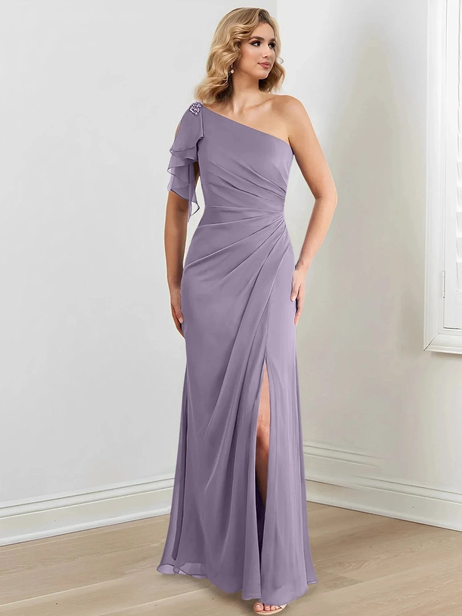 Sheath/Column One-Shoulder Floor-Length Mother of the Bride Dresses by Dreamylily