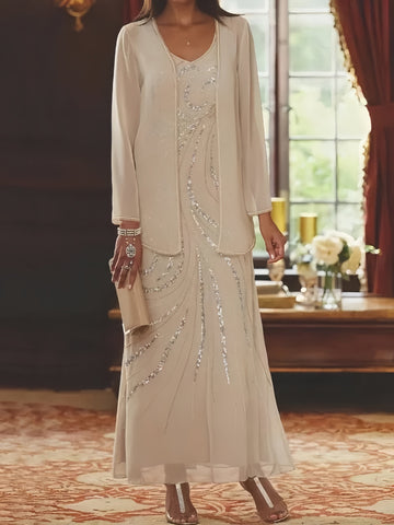 Vestidos de madre de la novia con escote en V, largo hasta los tobillos, con corte tubo/columna, chaqueta y lentejuelas 