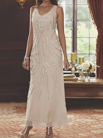 Vestidos de madre de la novia con escote en V, largo hasta los tobillos, con corte tubo/columna, chaqueta y lentejuelas 