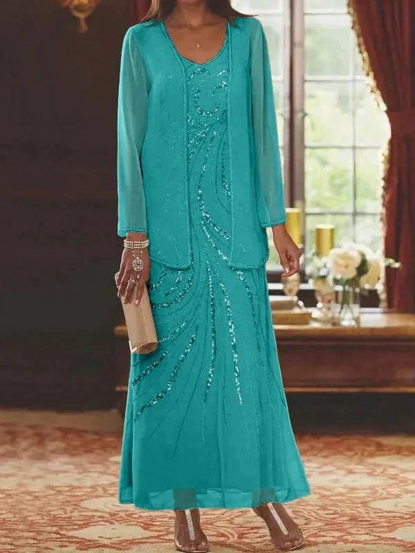 Sheath/Column V-Neck Ankle-Length Mother of the Bride Dresses with Jacket &amp; Sequins by Dreamylily