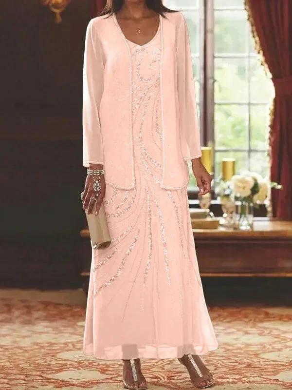 Sheath/Column V-Neck Ankle-Length Mother of the Bride Dresses with Jacket &amp; Sequins by Dreamylily