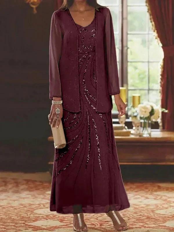 Sheath/Column V-Neck Ankle-Length Mother of the Bride Dresses with Jacket &amp; Sequins by Dreamylily