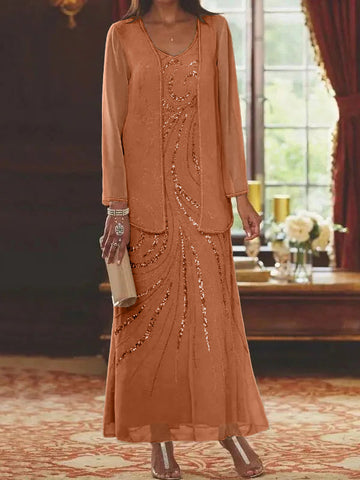 Vestidos de madre de la novia con escote en V, largo hasta los tobillos, con corte tubo/columna, chaqueta y lentejuelas 