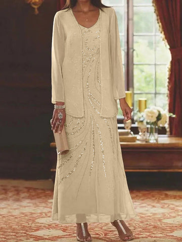 Vestidos de madre de la novia con escote en V, largo hasta los tobillos, con corte tubo/columna, chaqueta y lentejuelas 