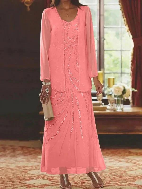 Sheath/Column V-Neck Ankle-Length Mother of the Bride Dresses with Jacket &amp; Sequins by Dreamylily