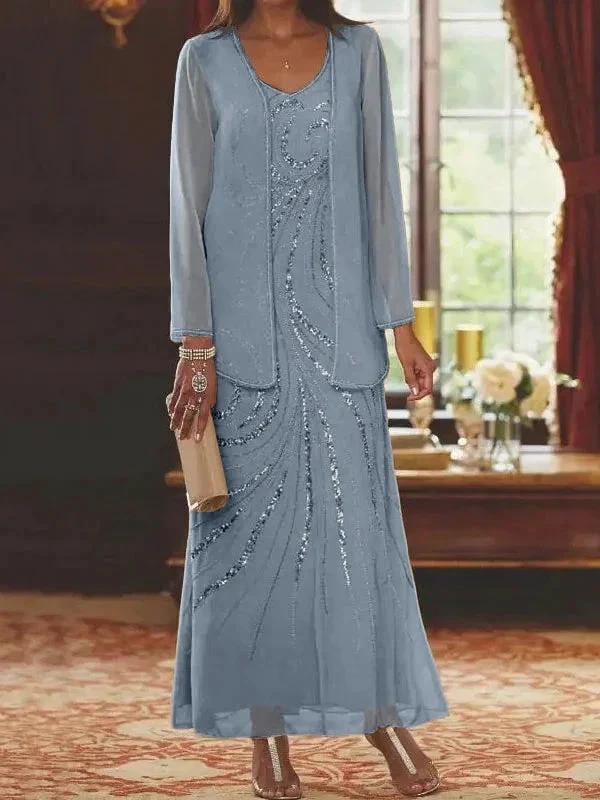 Sheath/Column V-Neck Ankle-Length Mother of the Bride Dresses with Jacket &amp; Sequins by Dreamylily