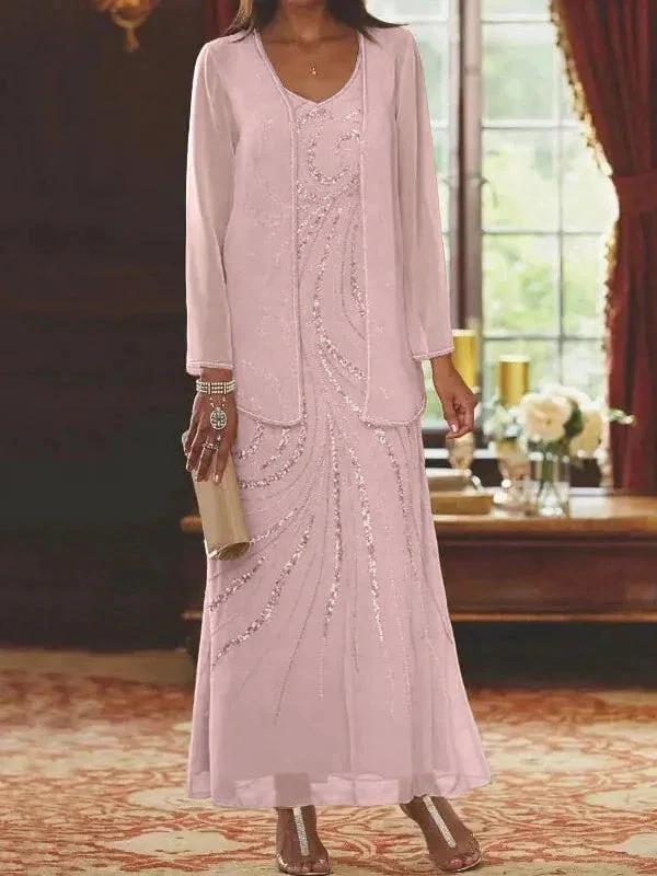Sheath/Column V-Neck Ankle-Length Mother of the Bride Dresses with Jacket &amp; Sequins by Dreamylily