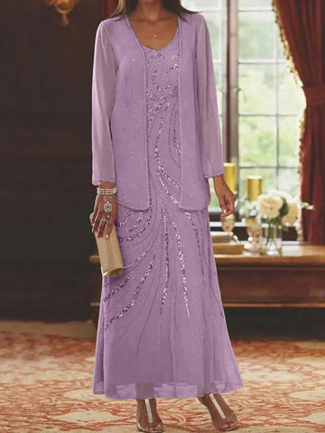 Vestidos de madre de la novia con escote en V, largo hasta los tobillos, con corte tubo/columna, chaqueta y lentejuelas 