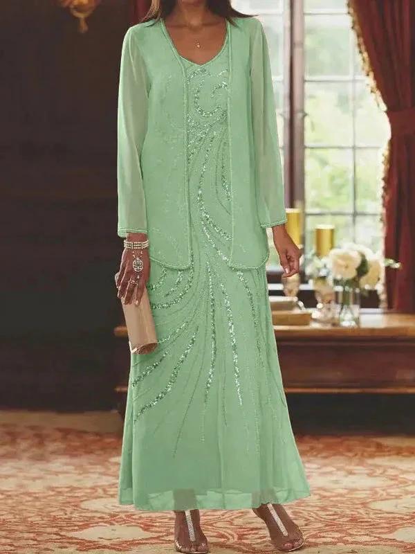 Sheath/Column V-Neck Ankle-Length Mother of the Bride Dresses with Jacket &amp; Sequins by Dreamylily
