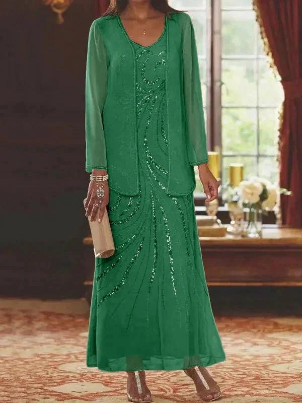 Sheath/Column V-Neck Ankle-Length Mother of the Bride Dresses with Jacket &amp; Sequins by Dreamylily
