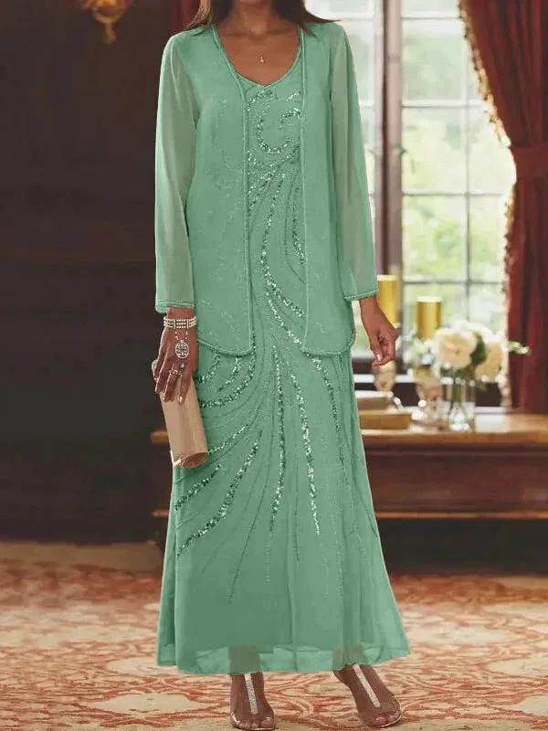 Sheath/Column V-Neck Ankle-Length Mother of the Bride Dresses with Jacket &amp; Sequins by Dreamylily