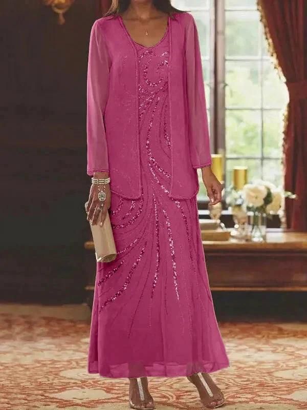 Sheath/Column V-Neck Ankle-Length Mother of the Bride Dresses with Jacket &amp; Sequins by Dreamylily