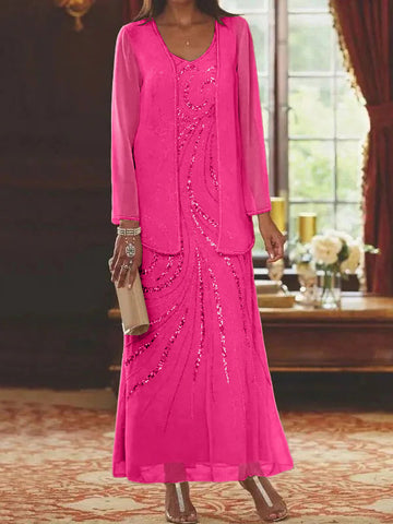 Vestidos de madre de la novia con escote en V, largo hasta los tobillos, con corte tubo/columna, chaqueta y lentejuelas 