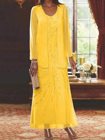 Vestidos de madre de la novia con escote en V, largo hasta los tobillos, con corte tubo/columna, chaqueta y lentejuelas 