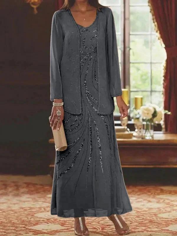 Sheath/Column V-Neck Ankle-Length Mother of the Bride Dresses with Jacket &amp; Sequins by Dreamylily