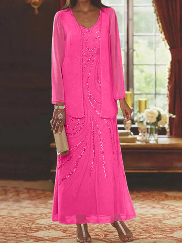 Vestidos de madre de la novia con escote en V, largo hasta los tobillos, con corte tubo/columna, chaqueta y lentejuelas 