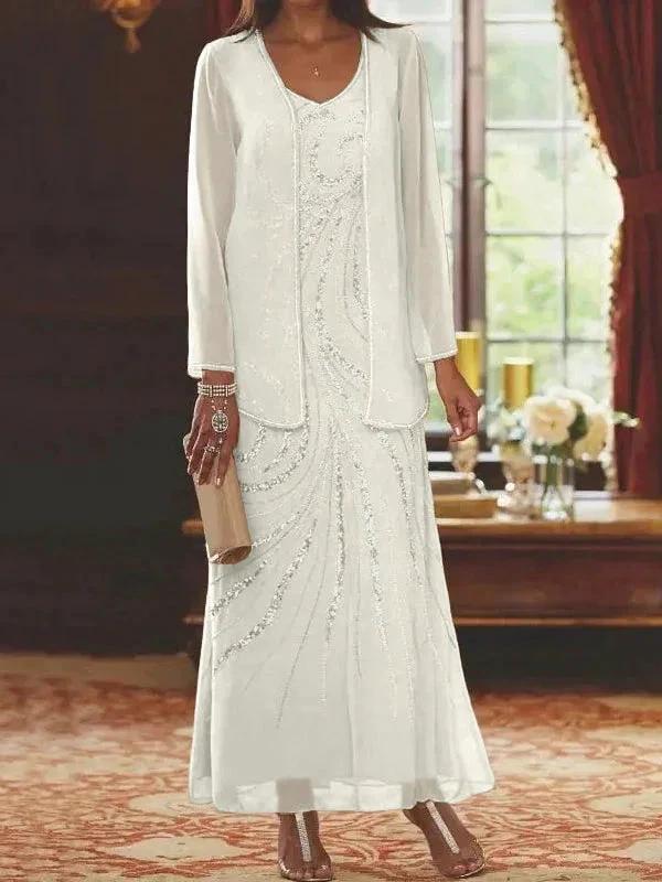 Sheath/Column V-Neck Ankle-Length Mother of the Bride Dresses with Jacket &amp; Sequins by Dreamylily