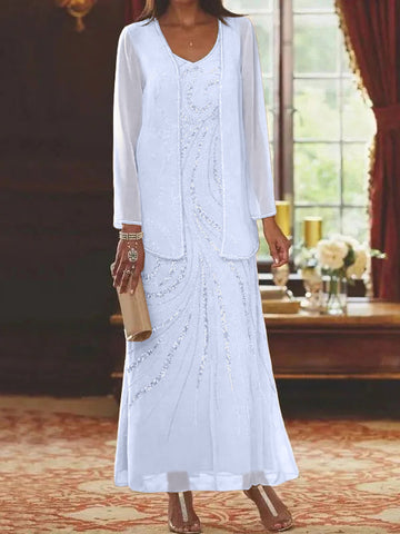 Vestidos de madre de la novia con escote en V, largo hasta los tobillos, con corte tubo/columna, chaqueta y lentejuelas 