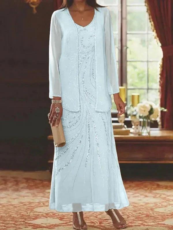 Sheath/Column V-Neck Ankle-Length Mother of the Bride Dresses with Jacket &amp; Sequins by Dreamylily