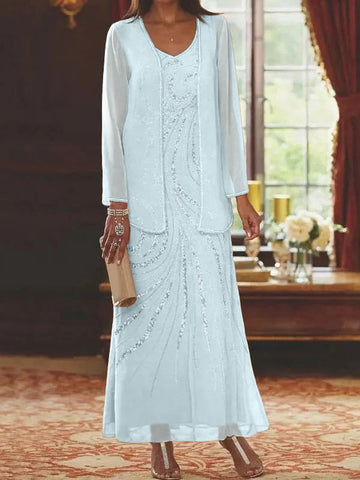 Vestidos de madre de la novia con escote en V, largo hasta los tobillos, con corte tubo/columna, chaqueta y lentejuelas 