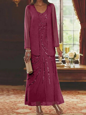 Vestidos de madre de la novia con escote en V, largo hasta los tobillos, con corte tubo/columna, chaqueta y lentejuelas 